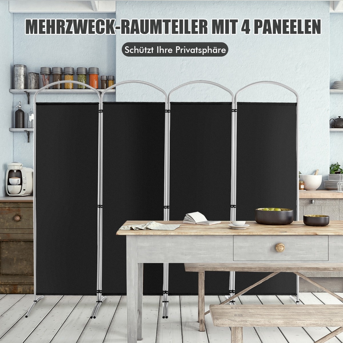 0783501367079 - Faltbarer Raumteiler mit 4 Paneelen Trennwand für Haus 221 x 51 x 188 cm schwarz