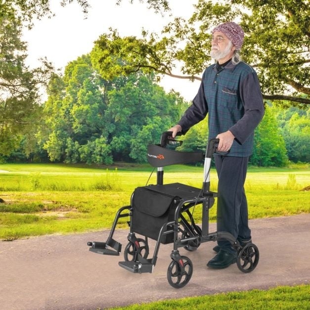 0783501390664 - Costway - 2 in 1 Faltbarer Rollstuhl Rollator - 6-fach höhenverstellbar - 102 x 62 x 85-98 cm - Schwarz