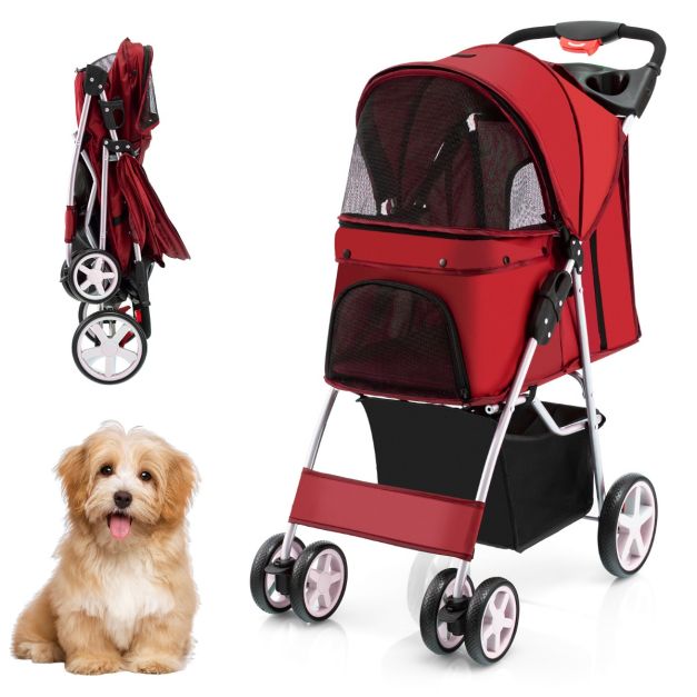 0783501392019 - COAST 4-Rad faltbarer Hunde- und Katzenkinderwagen Pet Buggy bis zu 15 kg mit Netzfenster Flaschenhalter Anhänger Rot