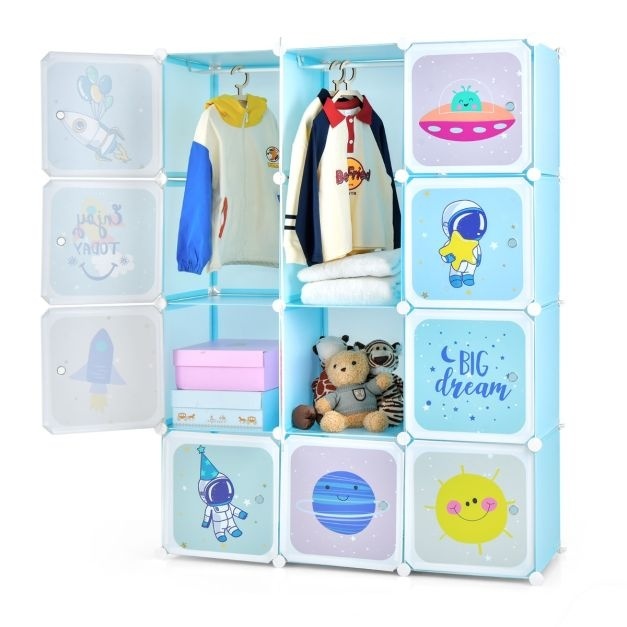 0783501392811 - Kleiderschrank für Kinder Baby Kleiderschrank mit 2 hängenden Sektionen & 12 Würfel Cute Cartoon Kommode für Kinderzimmer Spielzimmer