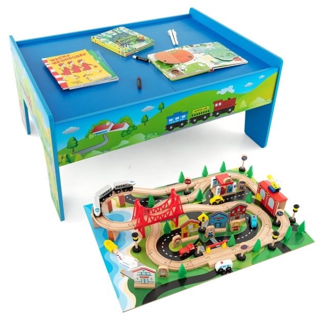 0783501394297 - Train Set und Holztisch 80 Stück Reversible und abnehmbare Desktop solide Holzschienen Figuren Fahrzeuge Häuser