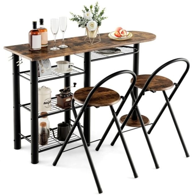 0783501424253 - Retro Esstisch und 2 Klappstühle mit Ablagefläche auf 4 Ebenen Frühstückstisch-Möbel-Set Platzsparende Dinette für Küchenbar