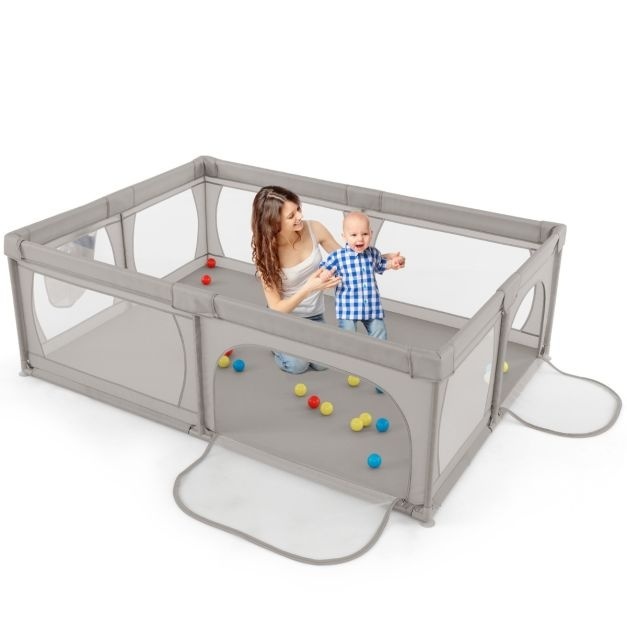 0783501425151 - Baby-Laufstall mit großer Reißverschlusstür Großer Spielzaun mit Seitentasche & 50 Spielbällen Großer bodenstehender Baby-Laufstall 206×147×685 cm Grau