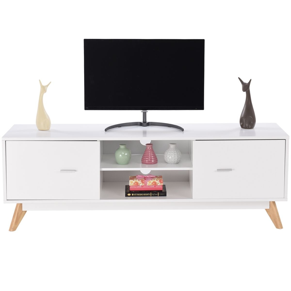 0783501425786 - TV-Möbel - 2 Ablagen 2 Schränke - Massivholzbeine - 140 x 40 x 48 cm - Weiß