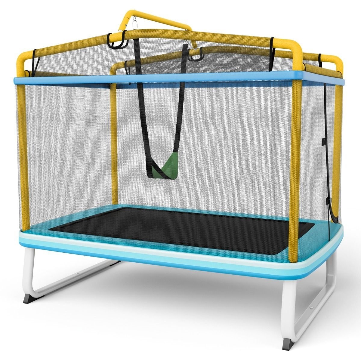 0783501425892 - Kindertrampolin mit Schaukel und Sicherheitsnetz - bis zu 100 kg - 190 x 124 cm - Gelb Blau