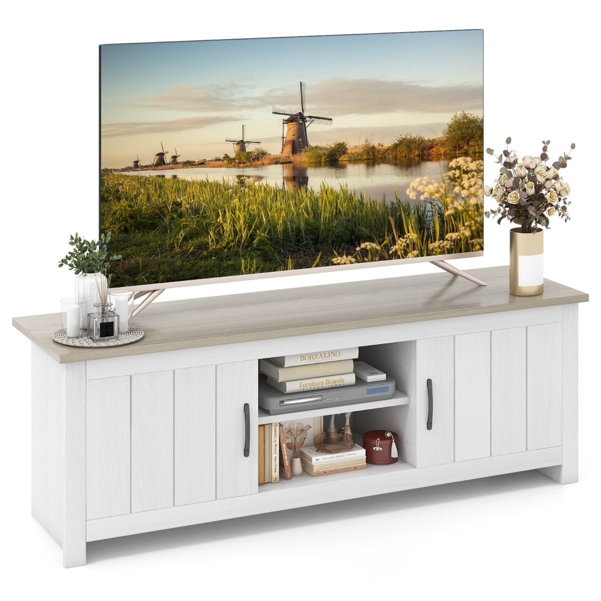 0783501426455 - TV-Möbel - Mit offenen Regalen auf 2 Ebenen - 145 x 395 x 495 cm - Weiß Grau