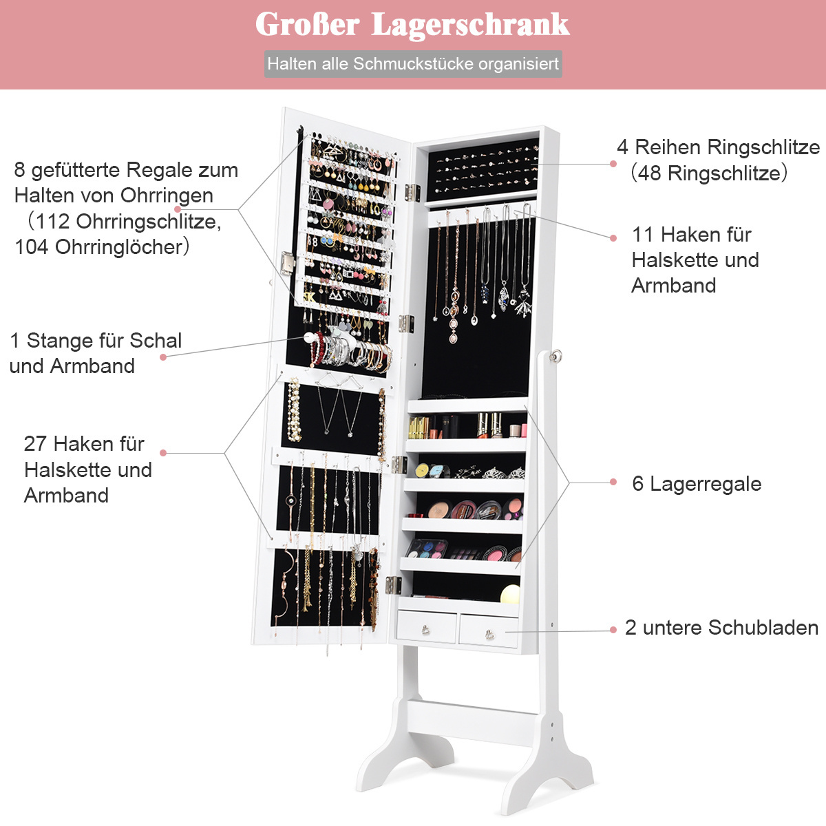 0783501448679 - Jewelry Cabinet Closeable Chmuck Spiegelschrank mit Spiegel 46 x 37 x 156 cm weiß