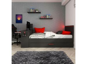 0784196607754 - Schlafzimmer mit ausziehbarem Einzelbett und eingebautem Schreibtisch anthrazit und rot wendbar