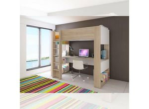 0784196607969 - Schlafzimmer mit Hochbett und darunter liegendem Schreibtisch in Weiß und Eiche