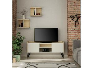 0784196609468 - Toscohome - TV-Ständer 125cm aus Holz mit 2 Türen in Weiß und Eiche - Klappe