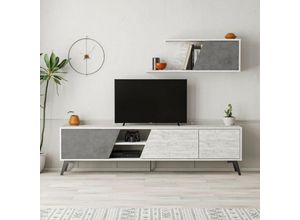 0784196609833 - Toscohome - TV-Schrank 180cm mit Wandregal in Vintage-Weiß und Beton - Fiona