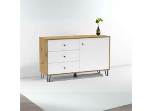 0784196612260 - Toscohome - Sideboard mit 3 Schubladen und Tür 123 cm Eiche und weiß - Bollo