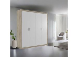 0784196614837 - Kleiderschrank mit 4 Türen aus Eiche und weißen Fronten 196x208H cm - Sara