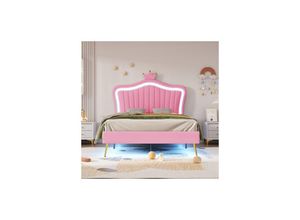 0786562491332 - Dolin Home - Gepolstertes Kinderbett 90 x 200 cm rosa Krone pu ​​mit LED-Leuchten Lattenrost und Rückenlehne