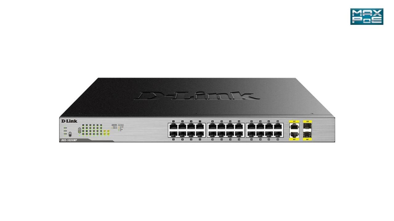 0790069426667 - D-Link DGS 1026MP - Switch - unmanaged - 24 x 10 100 1000 (PoE) + 2 x Kombi-Gigabit-SFP - Desktop an Rack montierbar - PoE (370 W)