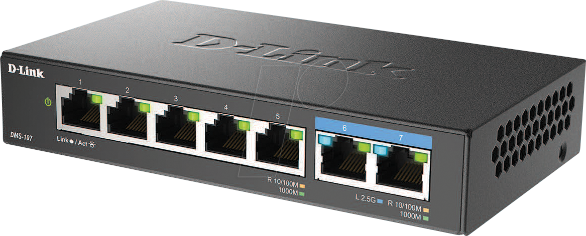 0790069470240 - D-Link DMS 107 - Switch - unmanaged - 5 x 10 100 1000 + 2 x 25GBase-T - Desktop wandmontierbar