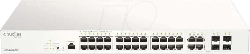 0790069471261 - D-Link Nuclias Cloud-Managed DBS-2000-28P - Switch - Smart - 24 x 10 100 1000 (PoE+) + 4 x Kombi-Gigabit-SFP - an Rack montierbar - PoE+ (193 W)