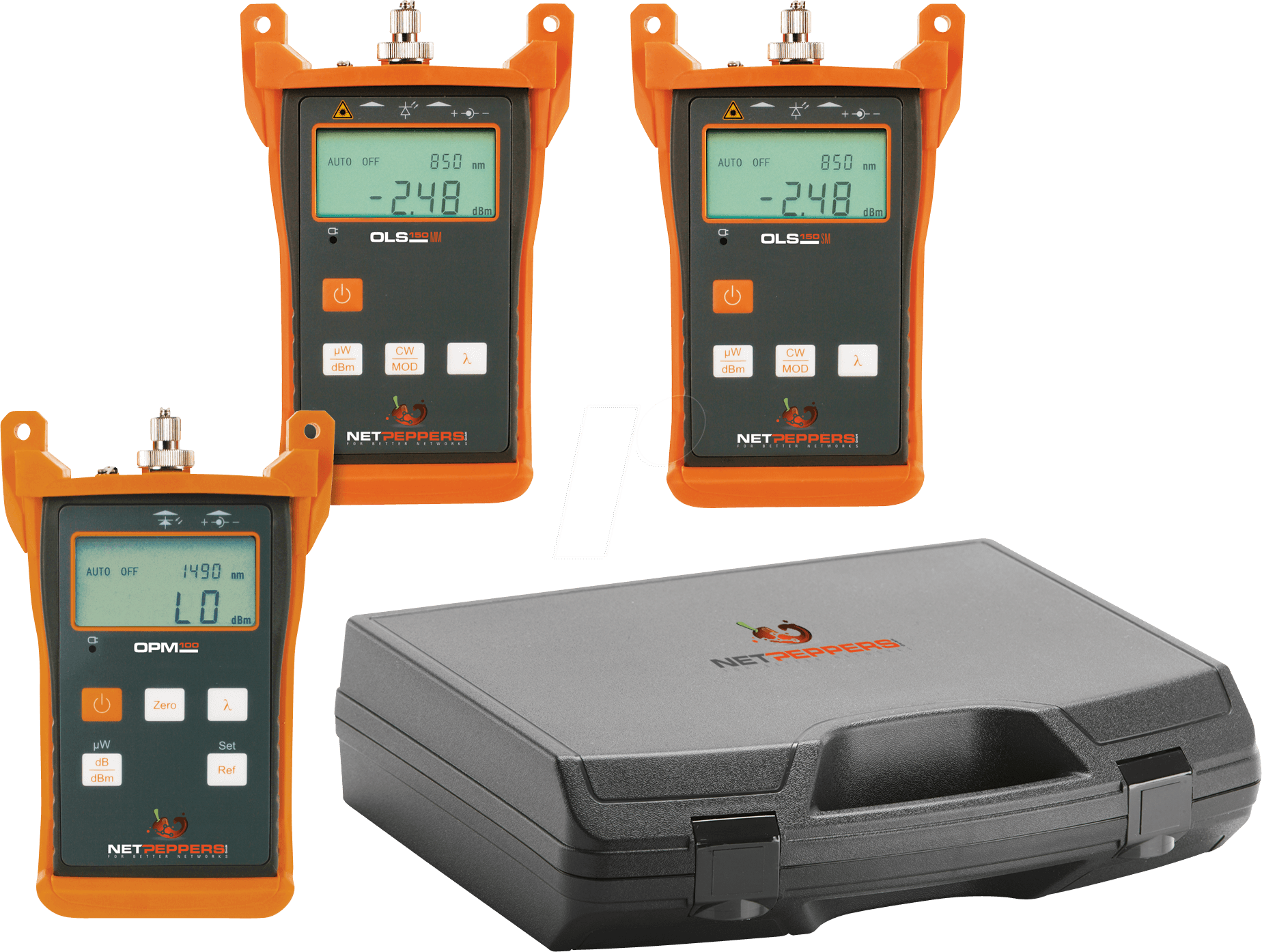 0791266367654 - NetPeppers NetPeppers Glasfaser Dämpfungsmess-Kit 1xPegelmesser je 1xLaserquelle SM+MM OLT100QUADKIT