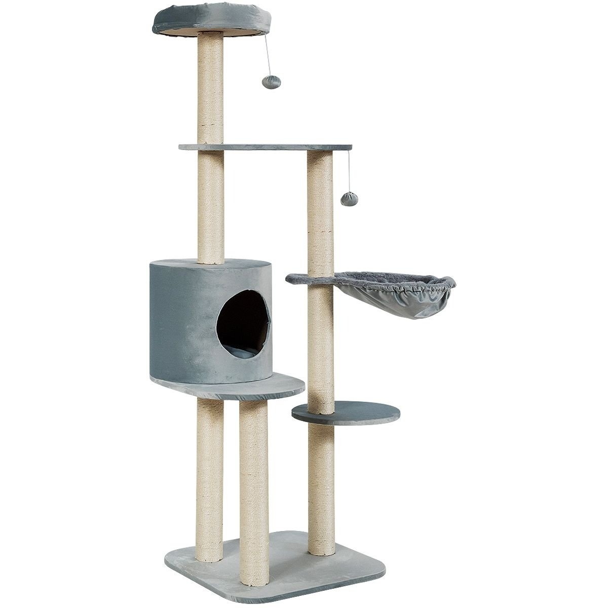 0794094544129 - 144cm Katzenbaum Katzenkratzbaum Holz Katzen Kratzbaum mit Hoehle und Matten Aktivitaetsbaum Katzenmoebel Kletterbaum Katzenhaus Grau - Costway