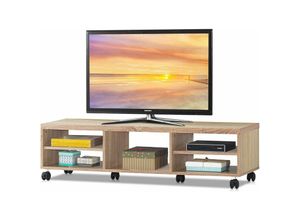 0794094544334 - Fernsehschrank Holz tv Lowboard mit 5 offenen Faechern tv Schrank mit Raedern 150 x 32 x 40cm Natur - Costway