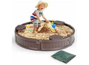 0794094558416 - Goplus - 120 cm Runder Sandbox HDPE-Sandkasten mit 3 Abnehmbaren Sitzen für Kinder Wetterbestaendige Sandkiste mit Oxford-Unterlage & Abdeckung für