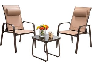 0794094567388 - 3-teiliges Terrassenmöbel-Set Couchtisch aus Hartglas und 2 stapelbare Stühle braun