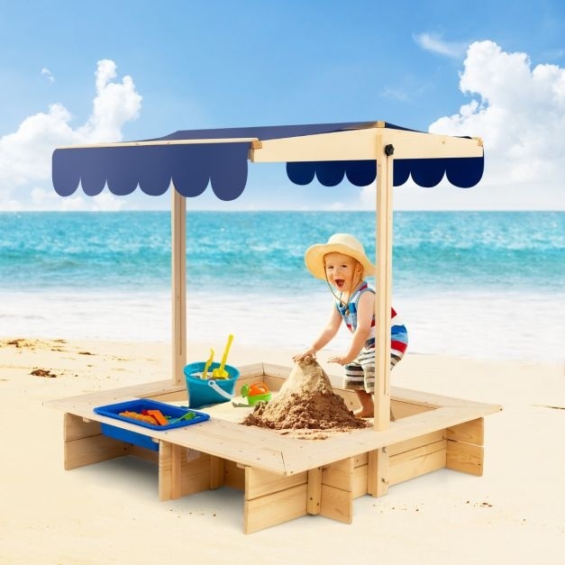 0794094568521 - Costway Sandkasten für Kinder überdacht im Freien 115 x 115 x 121 cm natur + blau