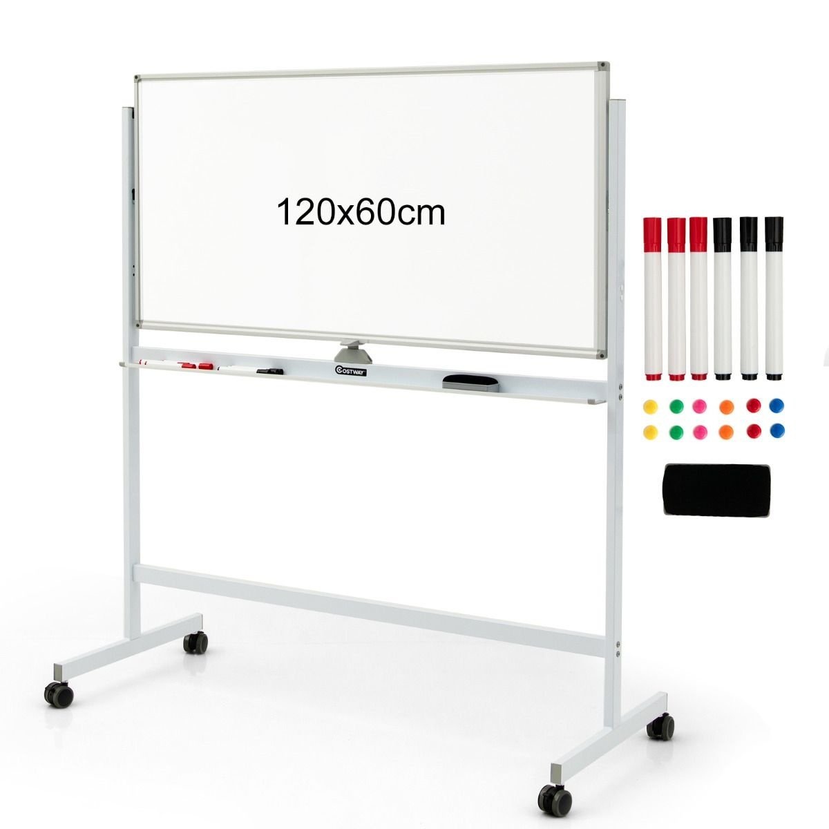 0794094569474 - Costway Doppelseitiges magnetisches mobiles Whiteboard verstellbare trocken abwischbare Tafel auf Rädern weiß