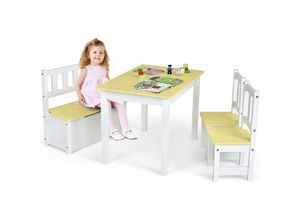 0794094596586 - 4-teiliges Tisch- und Stuhl-Set für Kinder 2 in 1 Tisch-Set aus Holz für Kleinkinder mit 2 Stühlen und 1 Aufbewahrungsbank multifunktionale Moebel