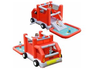 0794094635063 - GOPLUS Aufblasbare Hüpfburg Feuerwehrauto Kabine Sprungbett Rutsche Pool Oxford-Stoff Sicherheitsnetze Tragetasche für 3-4 Kinder bis 135kg