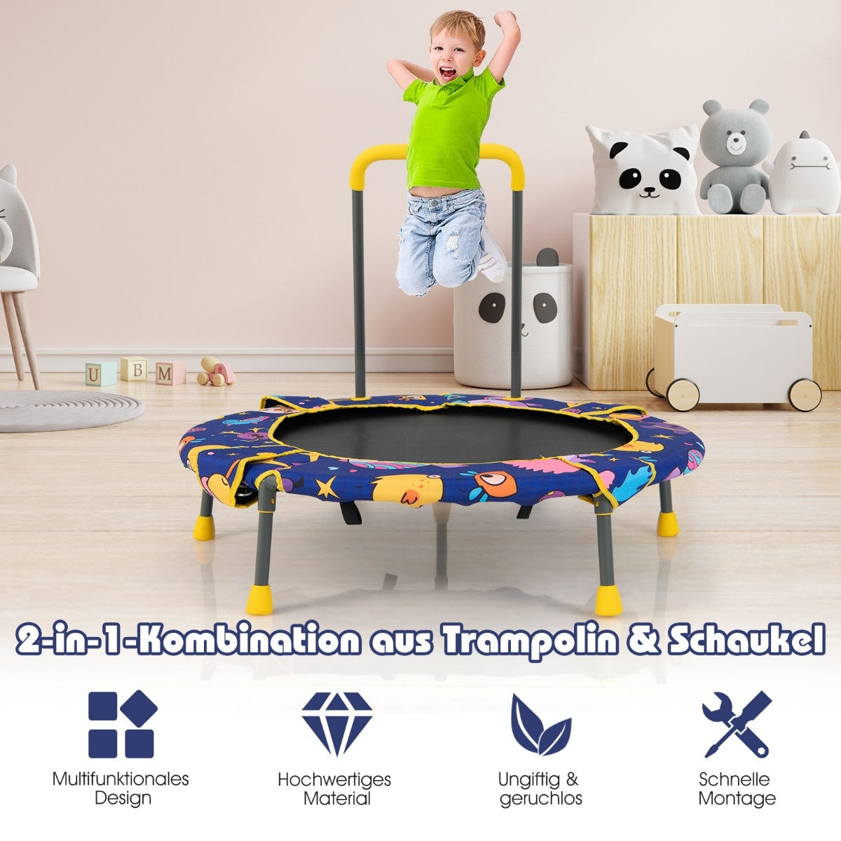 0794094638491 - 2 in 1 swing en trampoline ingesteld voor kinderen met leuning Ø 92 x 70 cm blauw