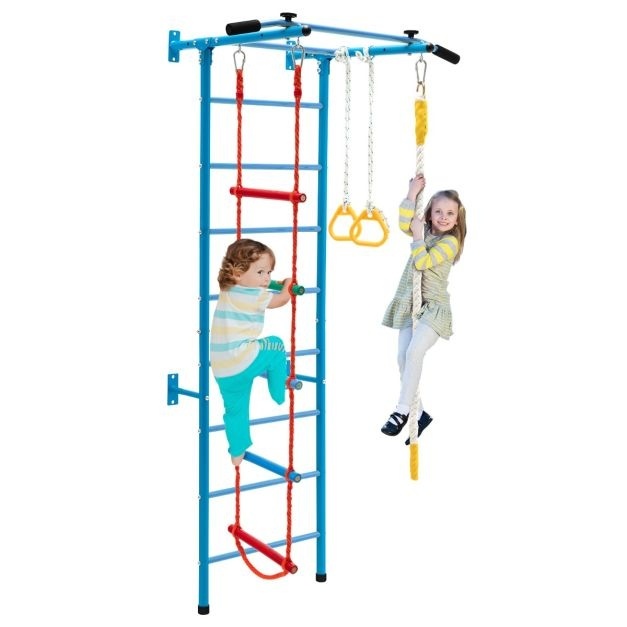 0794094639412 - Exercise Rod Set für Kinder mit Wandleiter Stretch Rod Rope Leiterseil und Gymnastik Ringe für Kinder ab 3 Jahren Blau