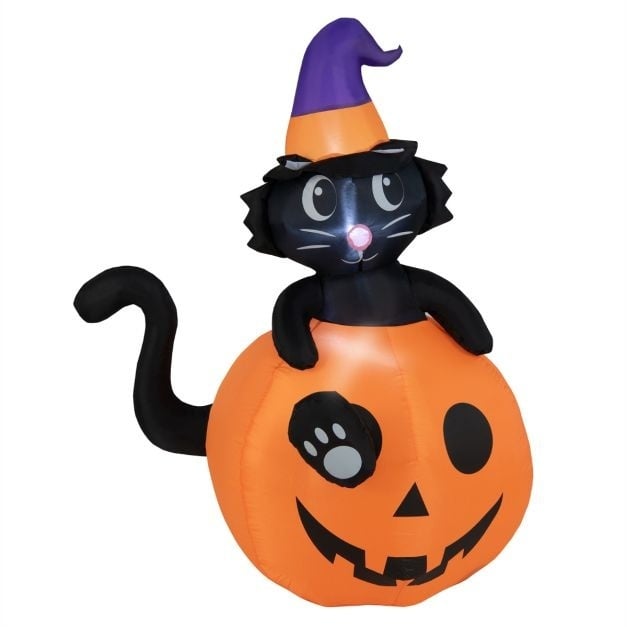 0794094639610 - Costway 150 cm große aufblasbare Halloween-Dekoration Schwarze Katze mit Zaubererhut im Kürbis