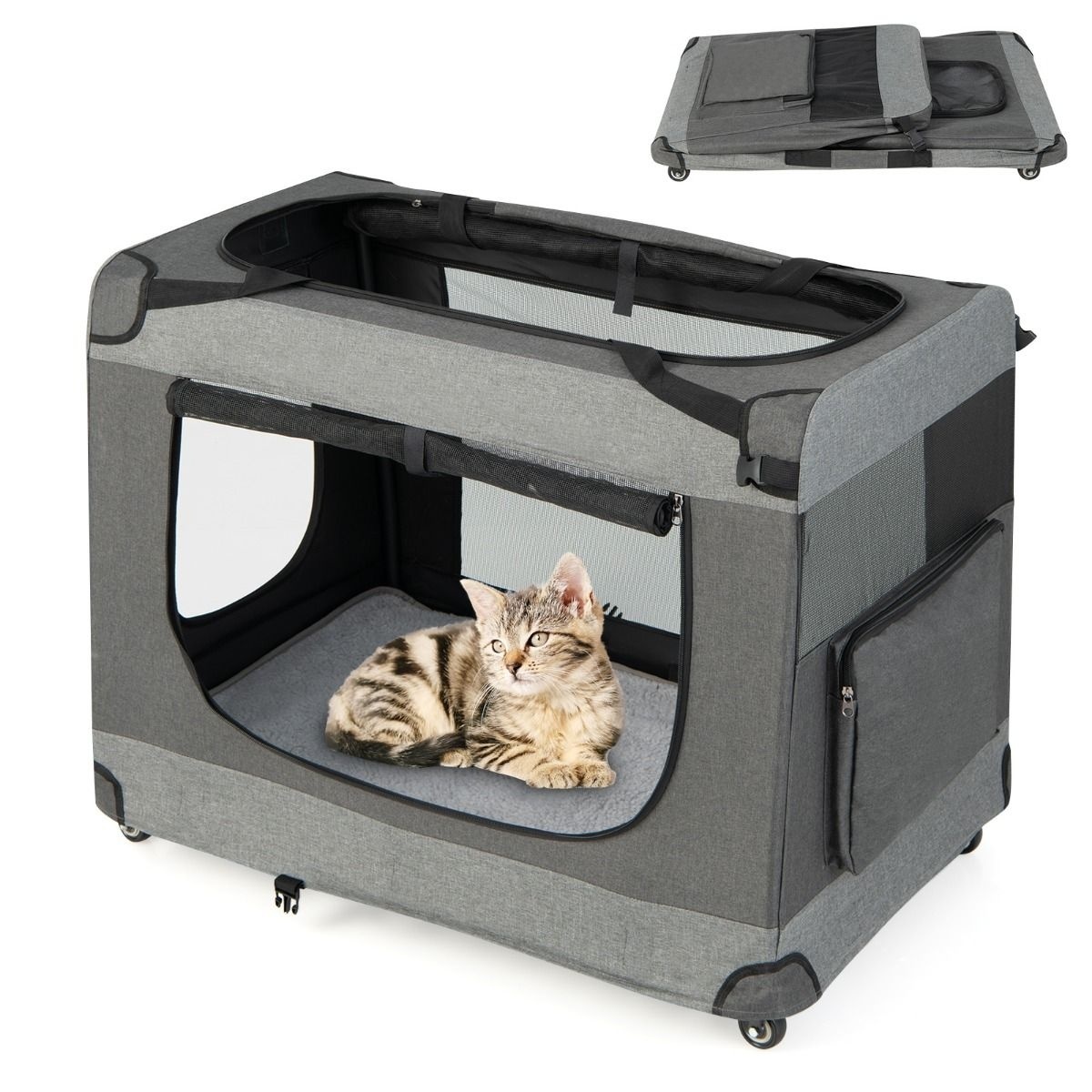 0794094640104 - Cat Racing Cages Große faltbare Katzenbox Transportbox mit Schultergurt Räder 825 x 59 x 67 cm grau