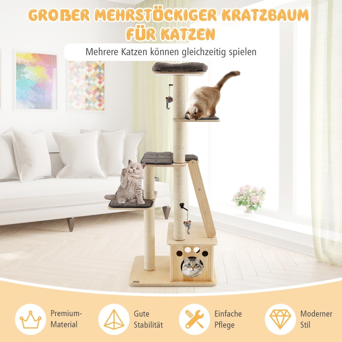 0794094641491 - Modern Scratching Post mit Katzenhaus & Spielzeugball & Rampe 70 x 50 x 169 cm Beige