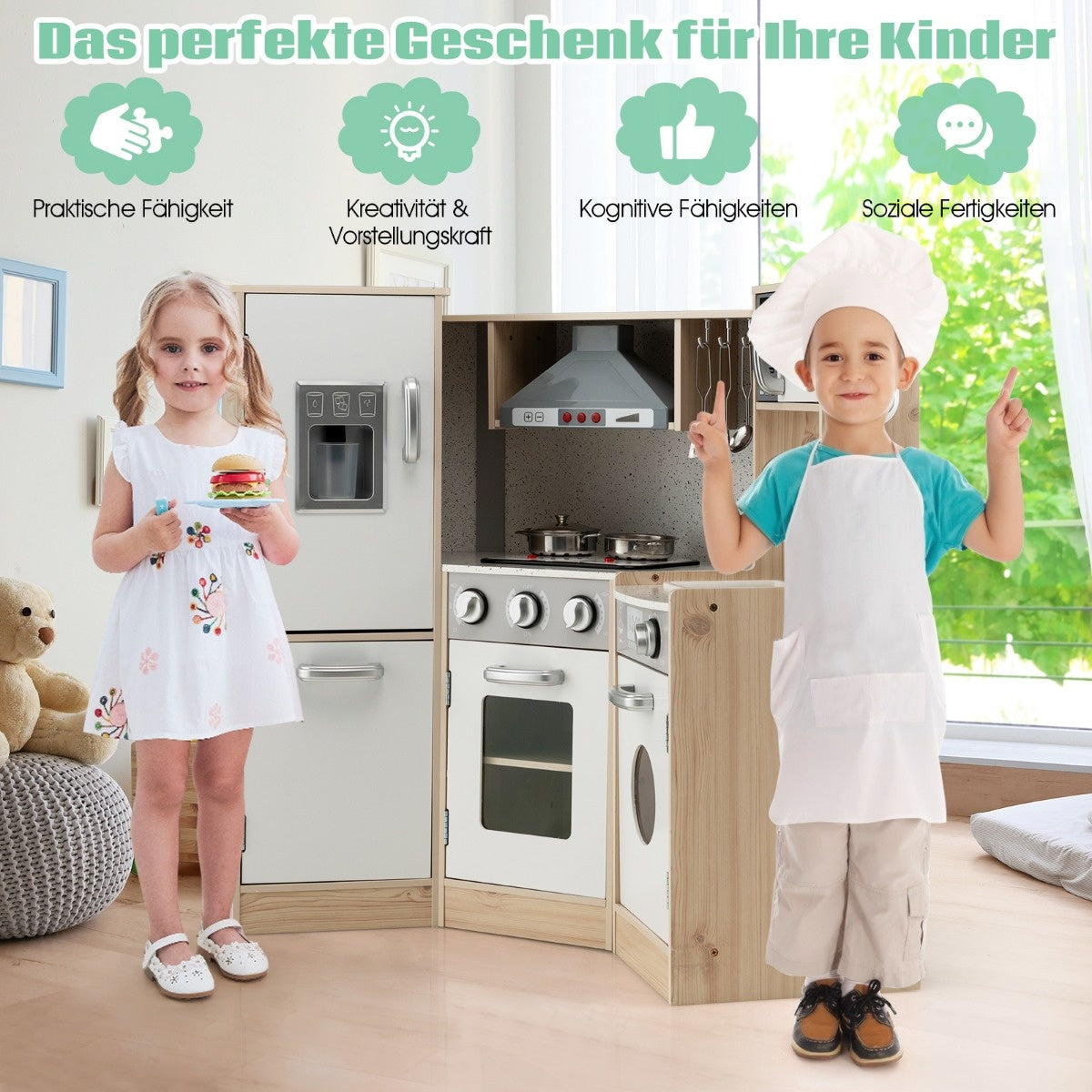 0794094641842 - Küstenecke Küche Spielecke mit Sound und Licht Kinderküche aus Holz inklusive Spielzubehör weiß + natur