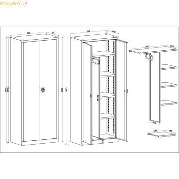 0796376518910 - Flügeltürenschrank ECO mit Garderobeneinsatz HxBxT 195x90x4