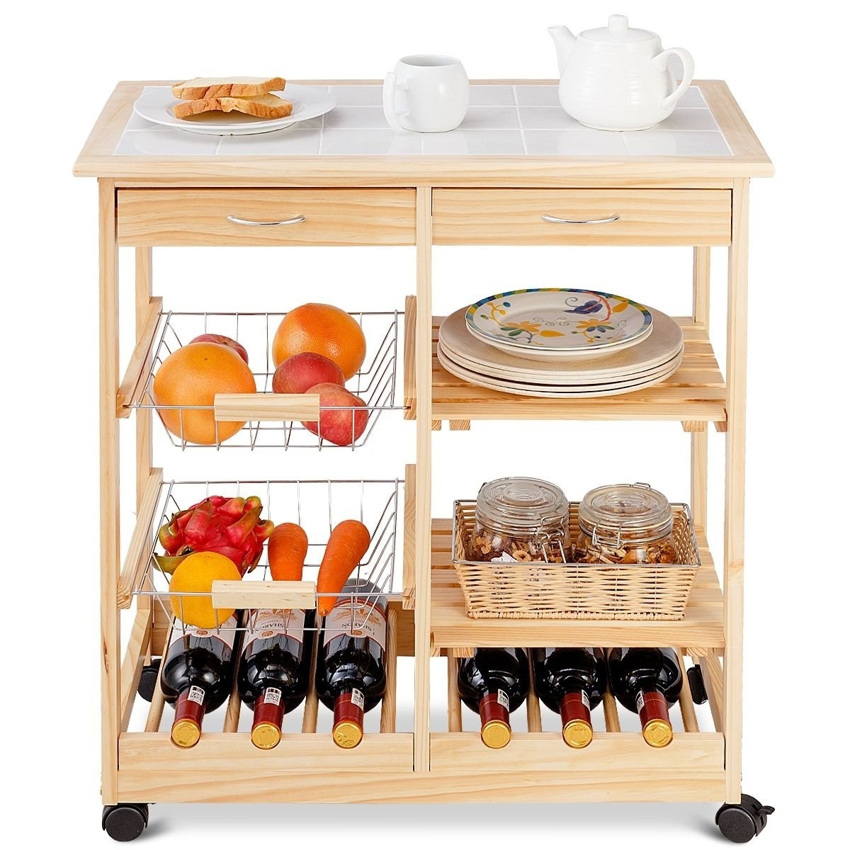 0796914945109 - Küchenwagen mit Weinregal - 67 x 37 x 76 cm - Natur