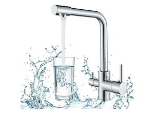 0797334201226 - Chrom Küchenarmatur Trinkwasserhahn 3 Wege Wasser 360 Grad Schwenkauslauf Warmes und Kaltes 2 Griffe Messing Küche Wasserhahn für Wasserfilter