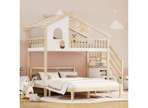 0797387785063 - Hochbett 90200 cm Bettgitter Aufbewahrungsleiter Fenster Hausgeländer Unterbett 140200 cm weiß + naturfarben