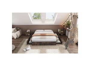 0797387799046 - Dolin Home - Flachbett Metallbett 140 x 200 cm Eisenbett ohne Matratze vier Schubladen ohne Kopfteil dunkelbraun