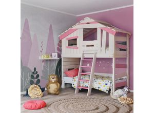 0798003597800 - Hochbett - Doppelbett Kinderbett - Etagenbett Länge 200 x Breite 90 cm mit Türchen - Rosa - Bibex
