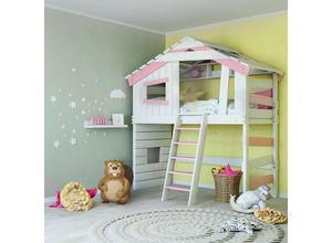 0798003597992 - Hochbett - Kinderbett - Etagenbett Länge 200 x Breite 90 cm mit Oberregal - Rosa - Bibex