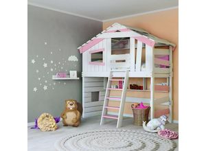 0798003598029 - Hochbett - Kinderbett - Etagenbett Länge 200 x Breite 90 cm mit Ober- Unterbauregal und Türchen - Rosa - Bibex