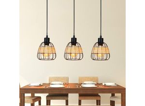 0869722758060 - ZMH - Pendelleuchte Vintage Schwarz E27 Pendellampe - Retro Rattan Hängelampe 3 Flammige Wohnzimmerlampe 135cm Höhenverstellbar Metall Natur Bambus