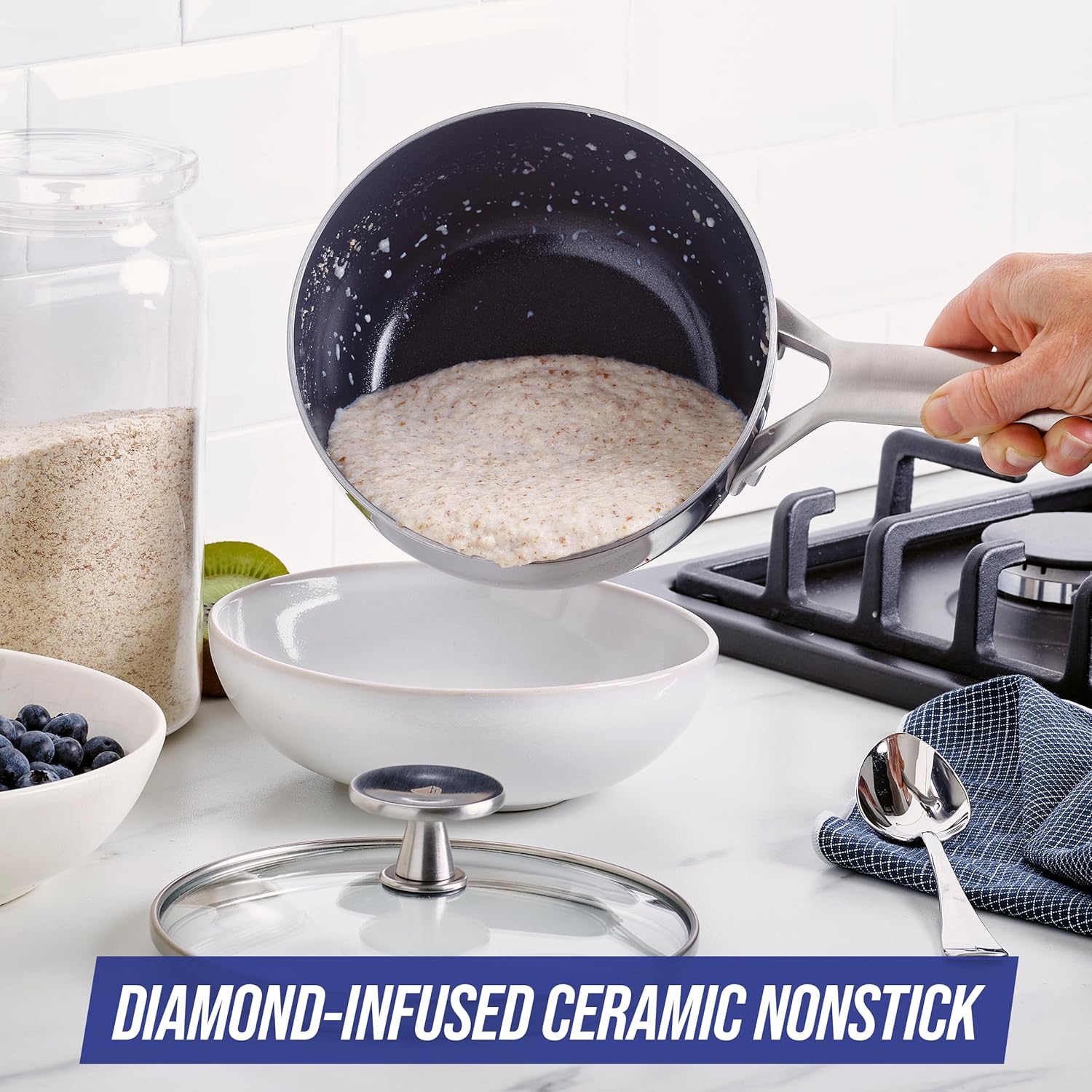 0885837026184 - Kochgeschirr Tri-Ply Edelstahl Keramik Antihaft 16 cm   12 L Bratentopf mit Deckel Tri-Ply PFAS-frei mehrschichtig Induktion spülmaschinenfest ofenfest Silber