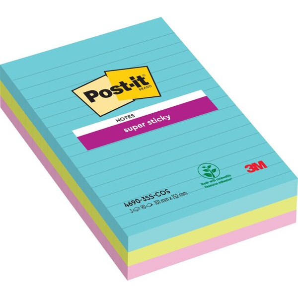 2050000109072 - Haftnotizen 4690-3SS-COS Super Sticky 101x152mm rot gelb blau liniert rechteckig 2050000109072 3M