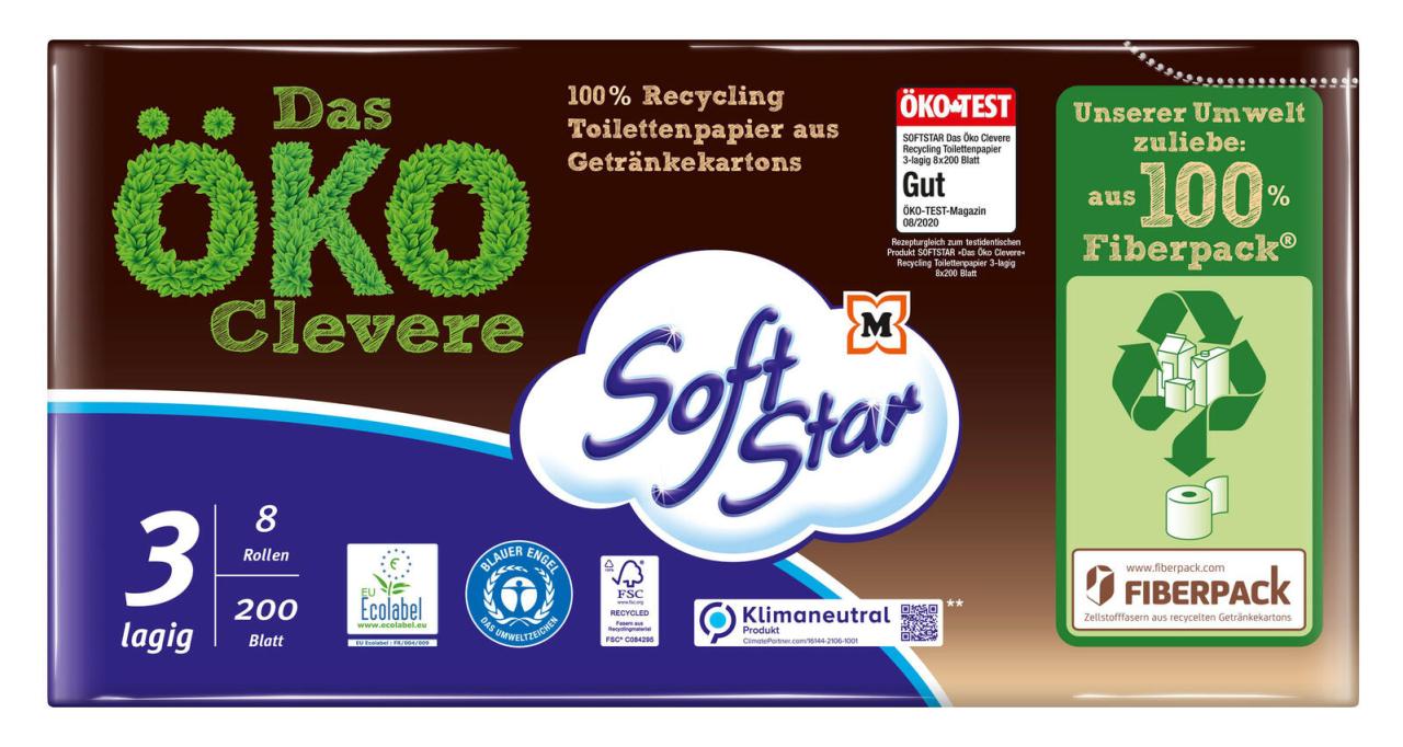 2200281834266 - Soft Star Toilettenpapier Das ÖKO Clevere 3-lagig Recyclingpapier 8 Rollen