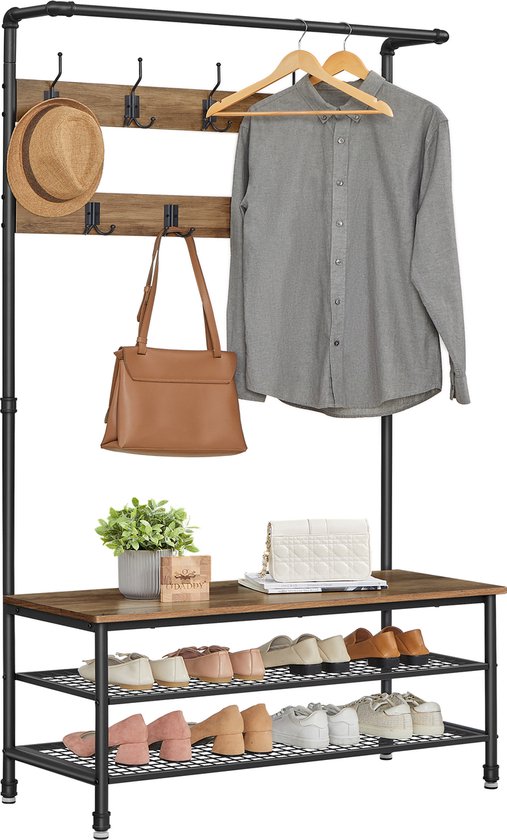 2950045880137 - ODADDY® Garderobenständer hochkant - Garderobe mit Schuhablage - 23 Haken 2 Lagen Schuhablage 10 Paar - Garderobe - 100 x 415 x 182 cm - braun
