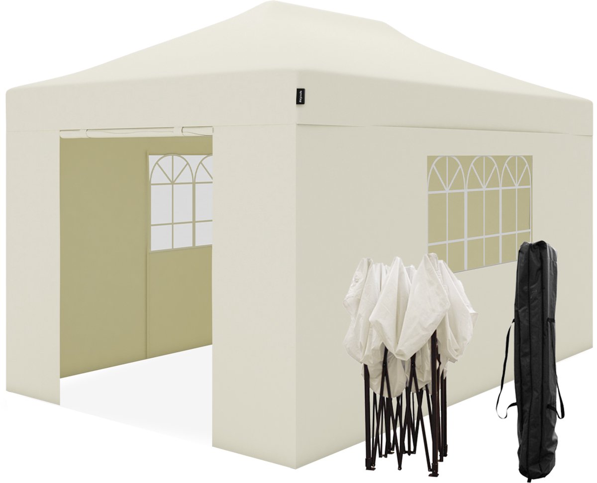 2950056589043 - Partyzelt - Pavillon - 3x45 m - Seitenwände - leicht aufbaubar - faltbar - wasserdicht - Tragetasche mit Rädern - Beige
